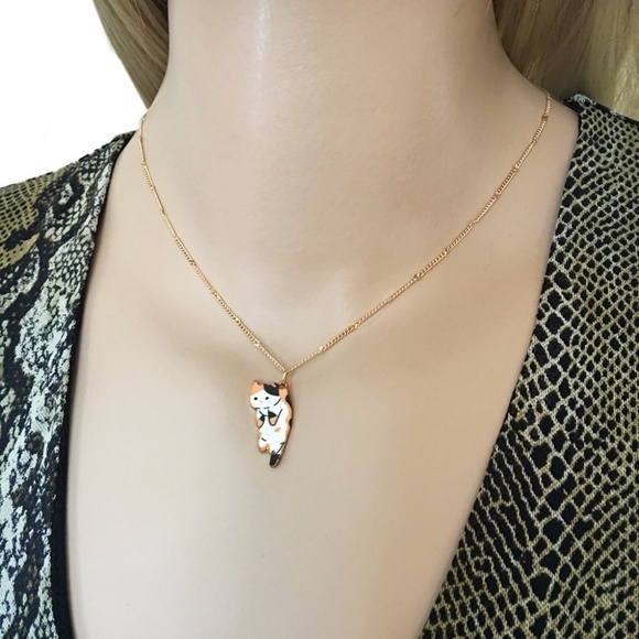 GOLD Plated Chain Calico Kitty Necklace Hand Crafted - Picture 2 of 6